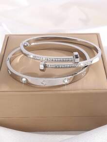 2 件/套简约时尚不锈钢手链优雅奢华礼物，送给美丽女性的完美节日礼物 - 間鑽手環組合 - 查看 4