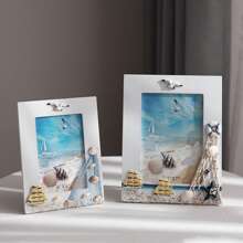 1Pc Seaside Nautical Style Photo Frame – Beach Shell Wood Picture Frame Decoration For Tabletop Or Shelf Display – Coastal Ocean Theme Wooden Ornament For Living Room Bedroom Office