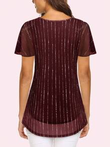 CheersLife Women's Tops Short Sleeve Shirts Casual V Neck Blouse Double Layers Mesh Tunics Tops