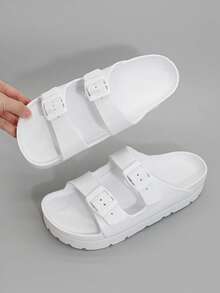 Chinelo feminino casual leve e moderno com tira dupla em EVA, sola grossa, confortável, macio, antiderrapante, ideal para praia, férias e caminhadas, com absorção de impacto. - Branco - Ver 6