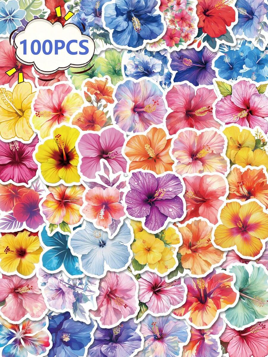 50/100 Stück Hibiskus Blumen Aufkleber, Frühlings-Blumen-Kunst Vinyl wasserfeste Aufkleber für Wasserflaschen, Laptops, süße Geschenke für Freunde, Partygeschenke, schöne Aufkleber für Kinder Erwachsene Jugendliche, Schulanfang