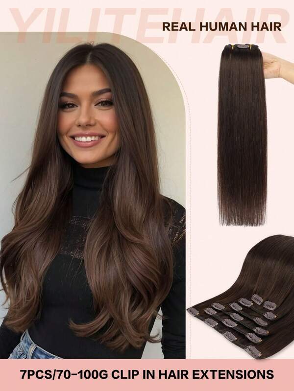 Extensions à clips marron foncé n° 2, cheveux humains Remy lisses, 14 à 22 pouces, 35 cm/55 cm, 7 pièces, 70 g à 100 g