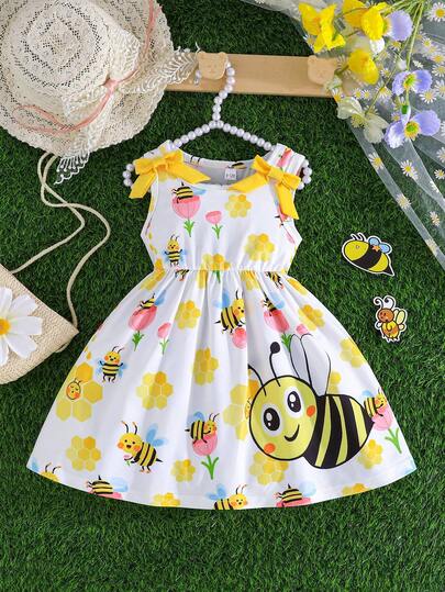Vestido lindo de verano para niñas bebés con diseño de lazo, flor y abeja, dulce y elegante