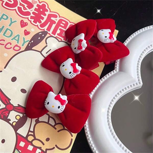 Sanrio (Authorized) New Sanrio 2 Pieces/Set Sanrio Cute Hello Kitty Bow Hair Clip Red Bow Hair Clip Classic Fashion Side Clip Elegant Cartoon Hair Clip Broken Hair Clip, Party Dress Accessories Party Gifts Wedding Gifts, Christmas Hair Accessories