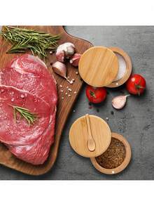 3 件装竹盐和香料储存容器，带磁性旋转盖和勺子，竹制收纳盒，用于存放盐、胡椒、香料、糖，6 盎司 - 彩色 - 查看 6