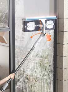 1 Set Of 360° Swivel Head Squeegee With Retractable Handle, Double-Sided Window Cleaner With Scrubbing Pad And Rubber Blade, Plastic And Stainless Steel, Suitable For Outdoor And Bathroom Glass Cleaning (Original Cloth Already Installed On The Product Mop Head)