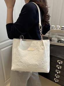 Fashion Striped Handbag - Women Large Capacity Shoulder Bag - Zipper Tote Bag For Everyday Use - Metal Chain Strap Tote - White - View 3