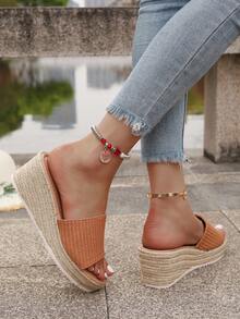 Damen Stroh Keil Seil Offene Zehe Pantoffeln, Dicke Sohle Erhöhte Plateau Sandalen für Sommer Outdoor Tragen