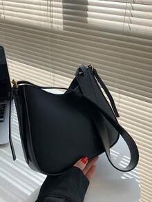 Fashionable Solid Color PU Leather Shoulder Bag, Minimalist & Multi-Functional - Black - View 6