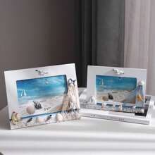 1Pc Seaside Nautical Style Photo Frame – Beach Shell Wood Picture Frame Decoration For Tabletop Or Shelf Display – Coastal Ocean Theme Wooden Ornament For Living Room Bedroom Office