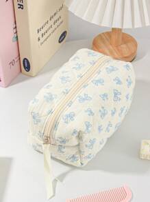 1Piece Quilted Handle Makeup Bag Small Quilted Cosmetic Bag Cute Bow Design Makeup Pouch Makeup Bag Aesthetic Travel Toiletry Bag Organizer Makeup Brushes Storage Bag For Women Bow Pencil Case For Makeup Pouch Skincare Bag Bag For School School Accessories School Stuff