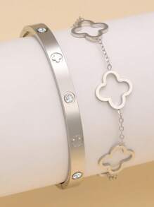 Ensemble de bracelets et de joncs vintage élégants en acier inoxydable avec fleur en zircone. Convient pour un port quotidien pour femmes