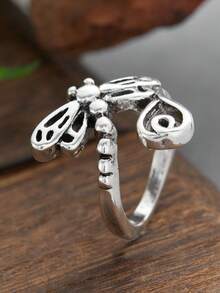 1pc Vintage Silver Dragonfly Ring, Retro Accessory Jewelry For Women - Antique Silver - View 9