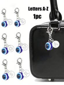 A-Z字母蓝色邪眼钥匙扣，装饰吊坠护身符幸运合金钥匙圈，包包挂饰，汽车钥匙链，送给朋友、同学、情侣、家人的礼物 - 彩色 - 查看 1