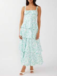 Women Summer Spaghetti Strap Tiered Ruffle Dress Casual Sleeveless Floral Layered Maxi Dress For Women Beach Sundress - màu xanh lá - Xem 3