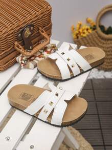 1 Coppia di Ciabatte da spiaggia per bambini, in design intrecciato in PU con texture a serpente, decorazione arancione, modello slip-on, antiscivolo, suola in legno morbida e duratura, con parte anteriore aperta, adatte per ragazze da abbinare a jeans e abiti, ottimo regalo estivo