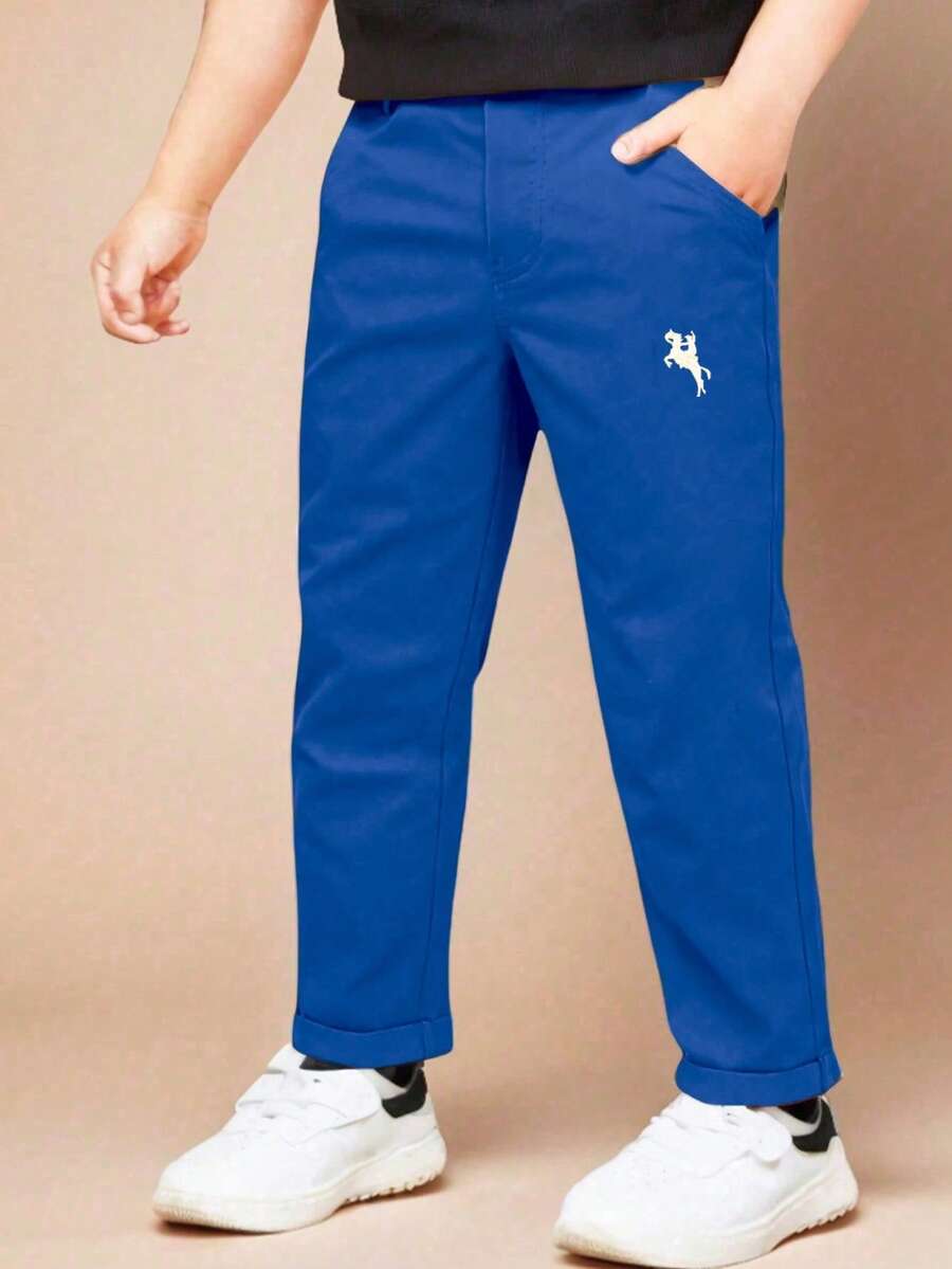 Jungen Lässig Einfarbige Hose mit Ritter Stickerei, Schrägeinschubtaschen, Gummizug-Taillenbund, geeignet für den täglichen Gebrauch, Reisen, Partys, Feiertage, vielseitig & - Königsblau - Übersicht 1