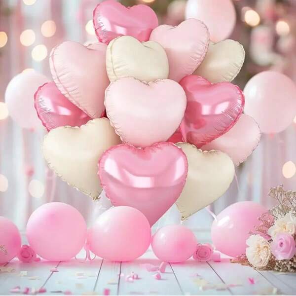 15 pièces Set de ballons en forme de cœur rose poudre de perle et blanc crème, convient pour l'anniversaire, le mariage, la décoration de fête de enterrement de vie de jeune fille