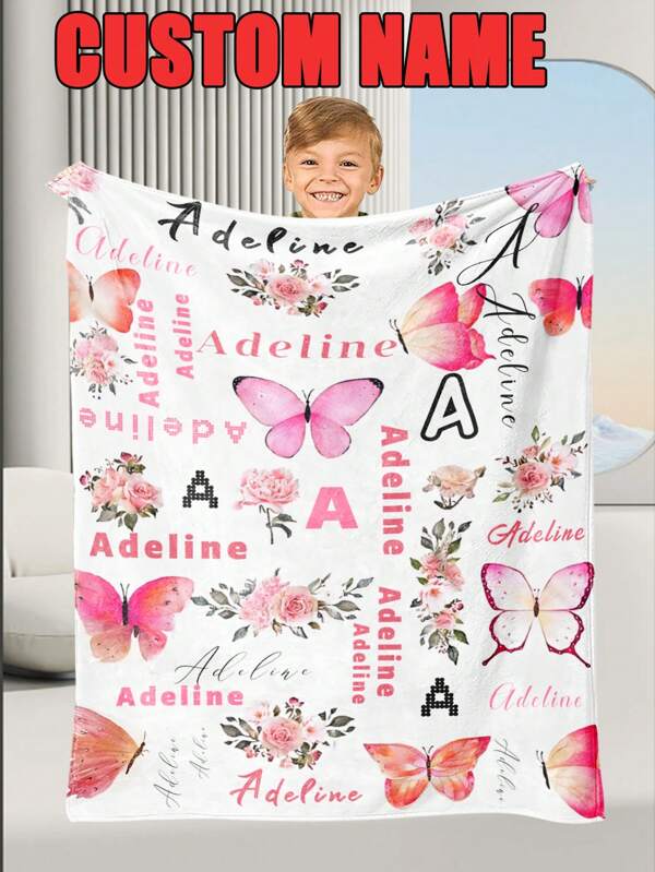 1 pièce de couverture personnalisée imprimée avec un nom, un papillon rose avec une couverture douce et confortable pour les filles et les garçons. Un excellent cadeau de vacances pour la fille, le fils, les camarades de classe, les amis, la famille et les amoureux. Utilisé pour la sieste, le camping, les voyages, les cadeaux de la fête des mères, de la fête des pères et de la fête des enfants.