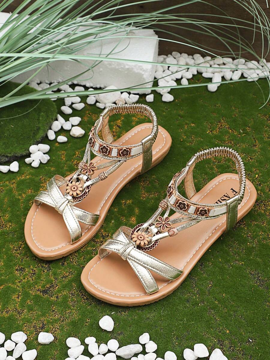 Teenagers' Flat Toe Ring Open-Toe Slip-On Sandals, Asymmetrical Beaded Bohemian Beach Shoes, Fashion Casual Vacation Student Footwear - Gold - View 1