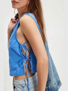 Women Y2K Tie Side Vest Tops Vintage Floral Embroidery Sleeveless Crewneck Lace Up Loose Cropped Tank Tops Aesthetic Camisoles Crop Tops Summer Going Out Shirts Tops - 藍色 - 查看 2