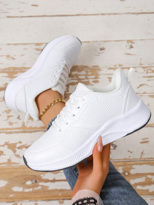 Women's Minimalist White Striped Decor Soft Sole Non-Slip Low Top Lace-Up Casual Sports Shoes