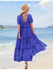 YESNO Summer Casual Bohemian Floral Dresses Women Puff Short Sleeve Long Maxi Dress With Pockets ETX - Royal Blue - View 4