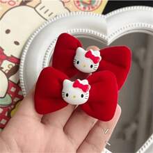 Sanrio (Authorized) New Sanrio 2 Pieces/Set Sanrio Cute Hello Kitty Bow Hair Clip Red Bow Hair Clip Classic Fashion Side Clip Elegant Cartoon Hair Clip Broken Hair Clip, Party Dress Accessories Party Gifts Wedding Gifts, Christmas Hair Accessories