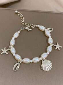GARMEND 1 pieza Pulsera casual de moda para la playa con conchas, estrellas de mar y perlas falsas para mujer