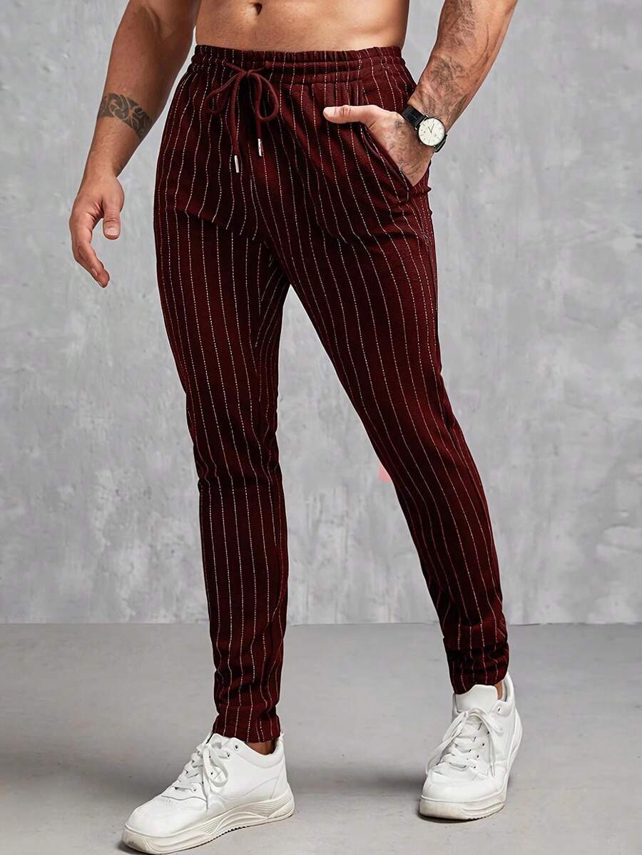 hoteel Mens Pants Stretch Slim Fit Running Pants Men Workout Tight Joggers Casual Stylish Stripes Trousers With Pockets - 紅色 - 查看 1
