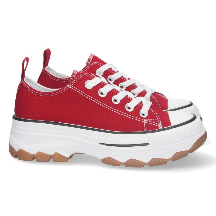 shoes&blues.es Zapatilla de Plataforma para Mujer, Comoda, Estilo Bamba, Material de Lona, y Cierre de Cordones - Rojo - Ver 1