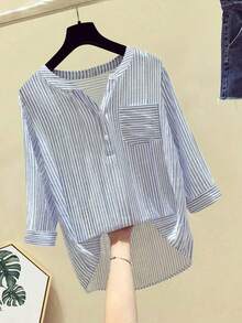 女士休闲条纹V领宽松七分袖衬衫，春夏 - 藍白色 - 查看 3