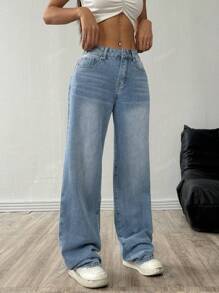 Mode Multi-Button Lichtblauwe Denim Casual Cowgirl Dames Lente En Zomer Losse Rechte Jeans