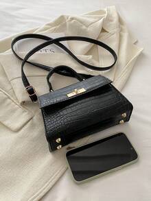 Mini Crocodile Grain Flap Handbag, Tote/Crossbody/Shoulder Bag, Minimalist Solid Color, Portable & Lightweight, Adjustable Strap, Suitable For Women, Young Professionals & Office Ladies, Ideal For Office, Work, Business, Commuting - Black - View 6