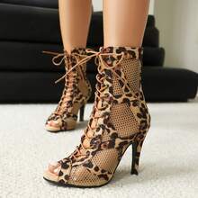 Women's Dance Peep Toe Ankle Boots, Leopard Print Lace-Up Zipper, Suitable For Summer Party, High Heels, Office And Dance Studio, Latin Dance, Jazz Dance, Black Soft Bottom