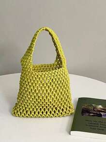 1pc Bohemian Style Woven Tote Bag, Striped Woven Handbag, Beach Bag, Casual Versatile Hollow Woven Handbag, Beach Bag