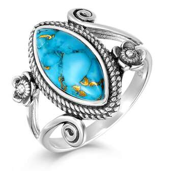 925 Silver Oxidized Black Bezel Inlaid 15x7mm Marquise Magnesite Turquoise Flower Arm Ring