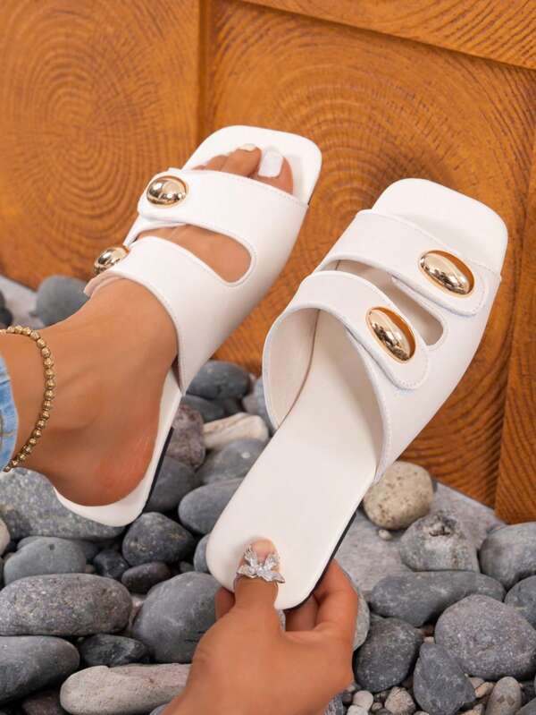Women's Summer Flat Sandals, Comfortable Slip-On Casual Metal Buckle Shoes, Suitable For Dates, Outings, Parties, Beach, Vacation - Fashionable & Versatile Ladies Slippers