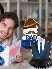 Decoraciones para el Día del Padre, set de 9 piezas de centros de mesa impresos a doble cara en panal, centros de mesa para el Día del Padre y decoraciones de fiestas de cumpleaños, suministros para fiestas del Día del Padre Feliz, cortinas de fondo para fotos - Azul - Ver 7