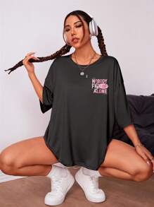 Damen Sommer Sport T-Shirt, Rundausschnitt, Kurzarm, 100% Polyester, gute Elastizität, gestrickter Stoff, Rugby Schriftprint, lässiger Pullover