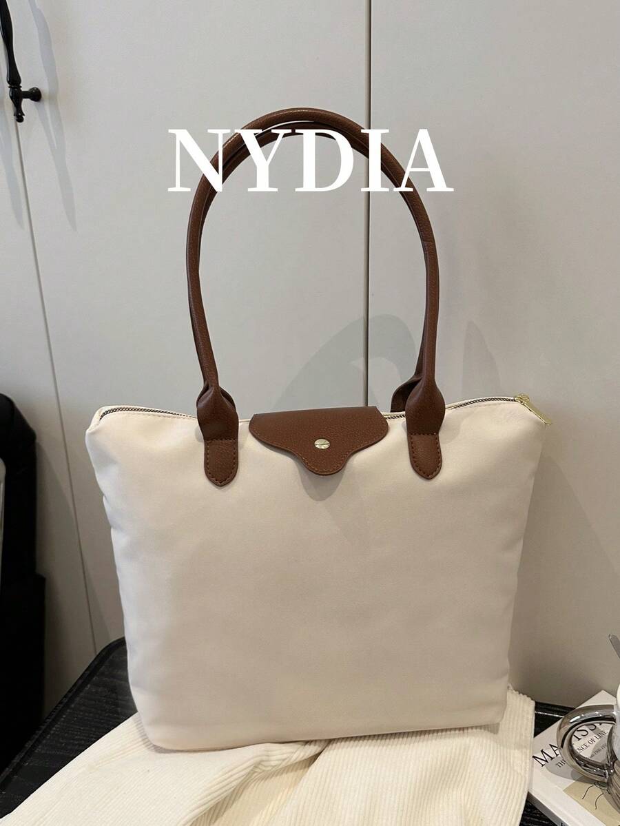 1 件简单百搭休闲百搭纯色大拉链大容量单肩手提包女士可斜挎适合购物、度假、工作和通勤女士时尚单肩手提包 - 米色 - 查看 1