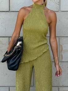 Women's Casual Sleeveless Backless Halter Neck Tank Top And Wide Leg Pants Set, Fashionable Outfit - Green - View 6