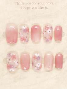 30 件短方形粉色樱花闪光假指甲，闪亮保湿可拆卸美甲装饰，全覆盖指甲片，适合日常佩戴，可重复使用按压式指甲，含 1 件果冻胶棒美甲用品 - 彩色 - 查看 2