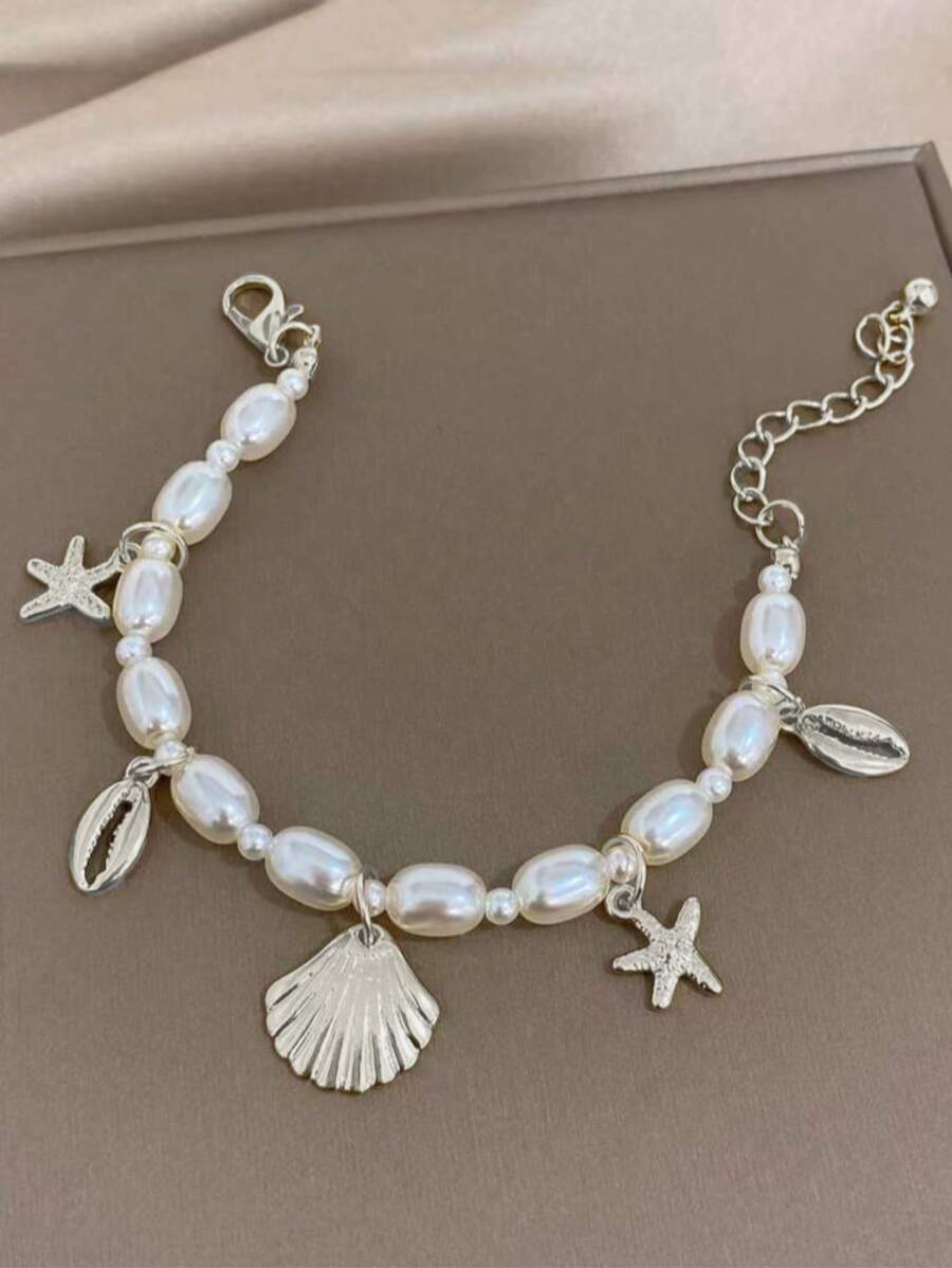 GARMEND 1 pieza Pulsera casual de moda para la playa con conchas, estrellas de mar y perlas falsas para mujer