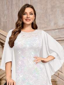 Elegant Sequin Floral Lace Butterfly Sleeve Chiffon Contrast Color Mesh Mermaid Hem Evening Maxi Dress, White Party Gown, Wedding Dress, Bridal Gown - White - View 8