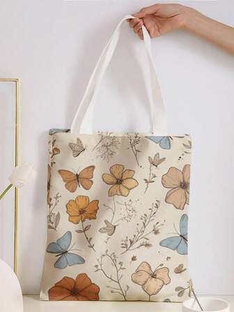 花朵图案双面印花单肩包印花手提包休闲旅行沙滩包大容量可重复使用单肩购物袋女士休闲单肩包手提包大容量帆布沙滩包手提包购物袋印花女士杂货单肩包返校、学校用品、商店返校、教室、贝壳