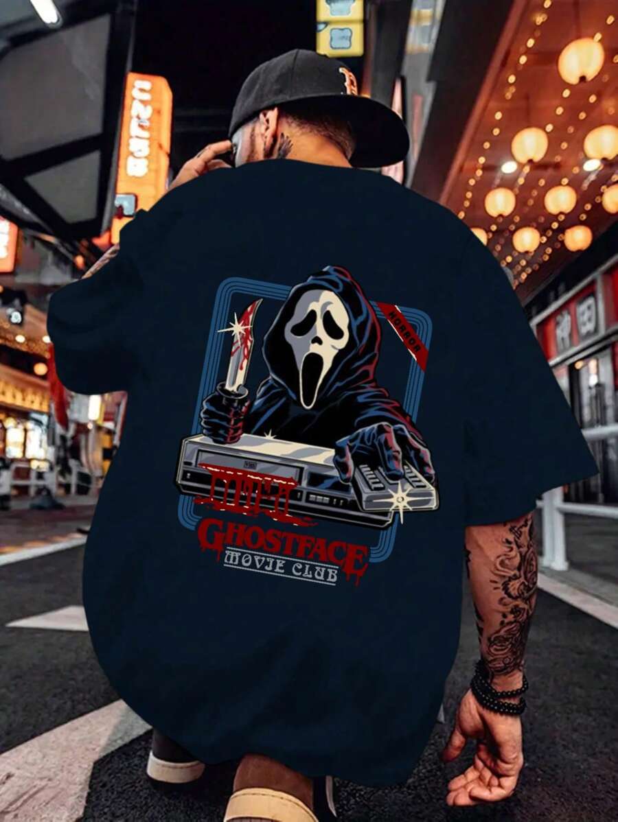 Camiseta Casual de Manga Curta com Estampa do Rosto do Fantasma de Filme de Terror, Plus Size para Homens, Versátil para Uso Diário