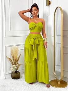 AIJ Amarilo 女士夏季假日休闲度假扭纹抹胸和褶皱阔腿裤两件套，非常适合海滩度假、旅行和度假