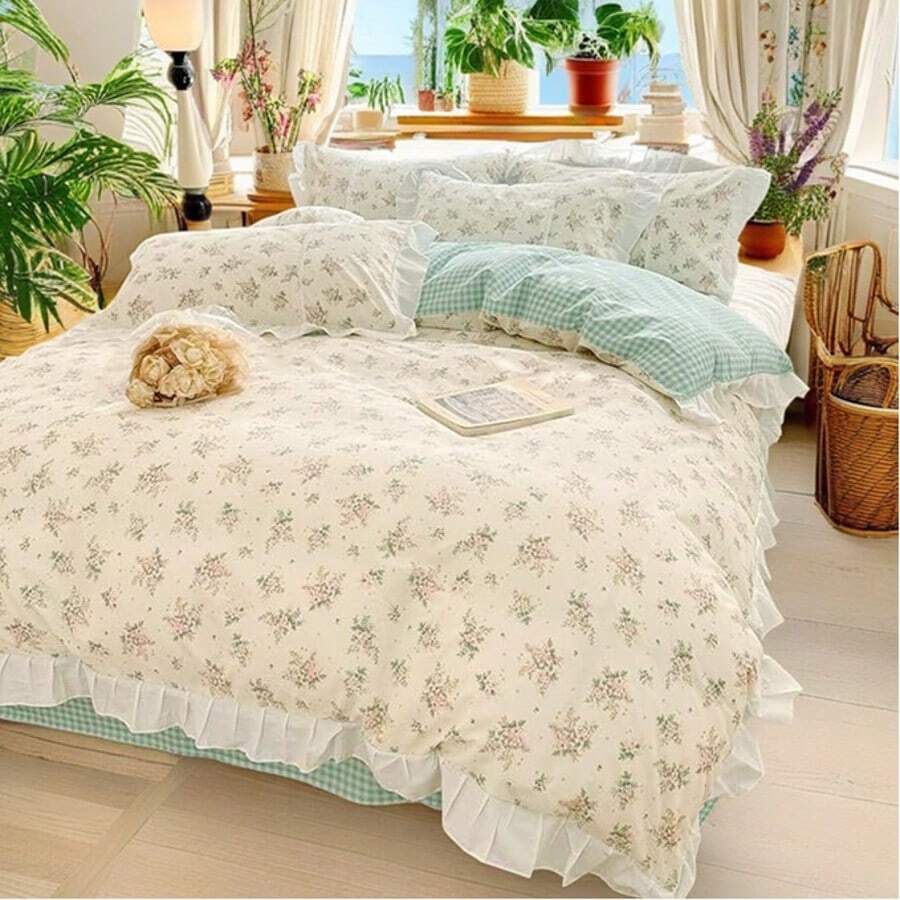 Vclife Modern Luxury Solid Color Duvet Cover Full For Girls Women And Jersey Knit Cotton Duvet Cover Queen Soft Grapefruit Bedding Set Queen , Ultra Soft, 4 Corner Ties With Two Pillowcases, No Comforter - 花邊款-尋意花海 - 查看 1