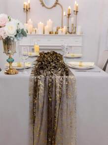 1pc Sheer Organza Table Runner, Party Dining Table Decor, Metallic Foil Gauze Table Runner, Suitable For Halloween, Christmas, Weddings, Birthdays, Influencer Restaurants, Food Photography Backdrops, Eid Al-Fitr Decoration